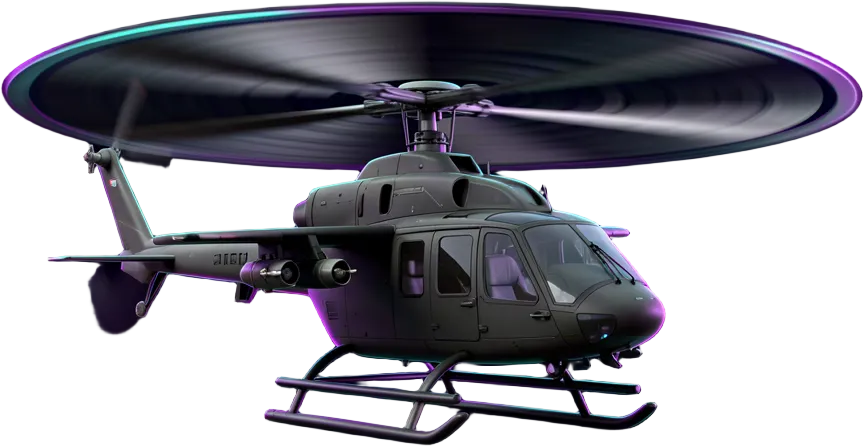 A realistic neon attack helicopter with a visibly spinning integrated rotor firing a twin-rocket salvo