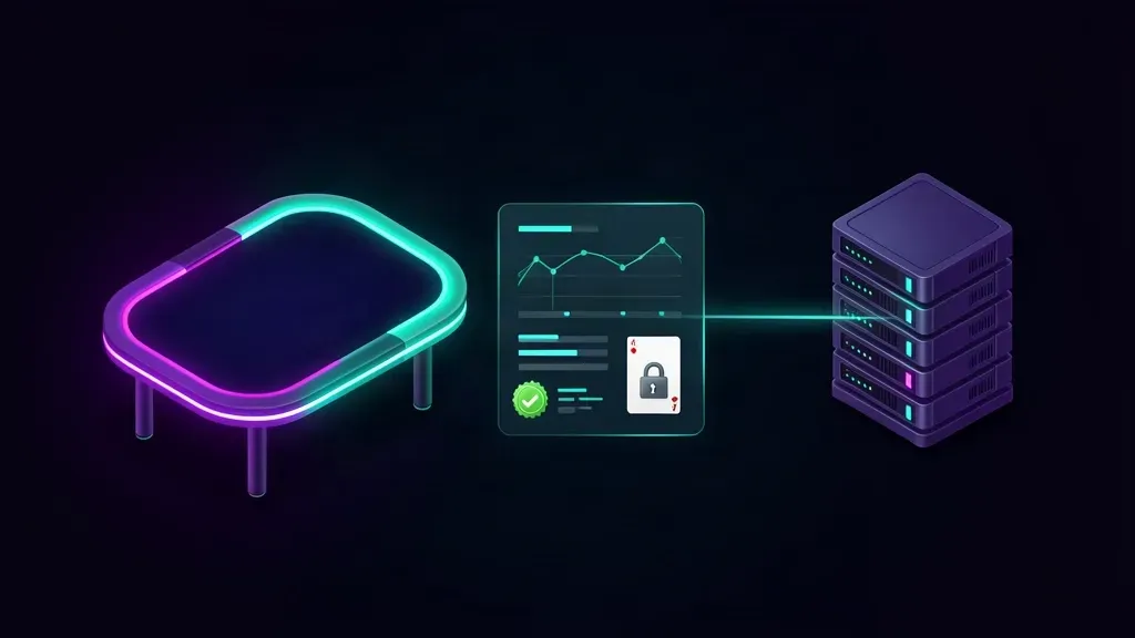 A neon poker table sending a diagnostic report, with a performance graph, a verified check and a locked playing card, along a data beam to a server stack
