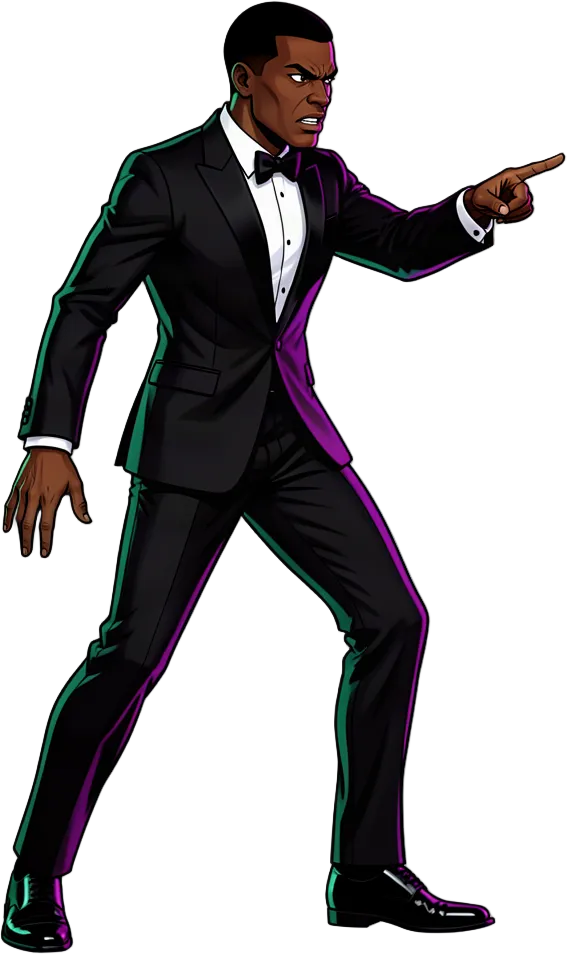 Protective Husband in a tuxedo pointing across the table