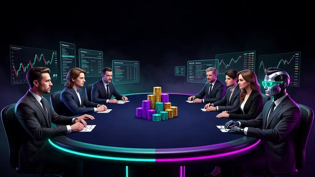 A dramatic illustrated poker showdown around a neon table