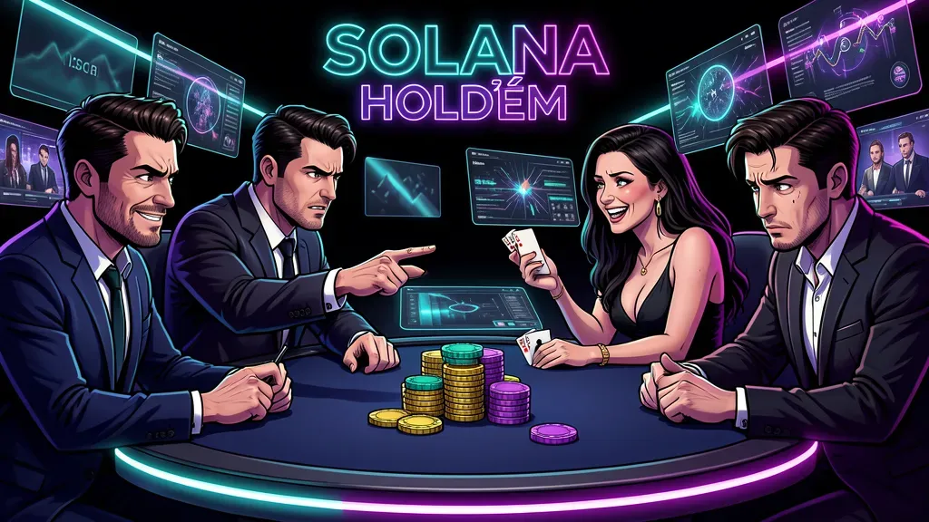 Four rival players facing off across a neon Solana Hold'em table, mid-confrontation over a stack of chips